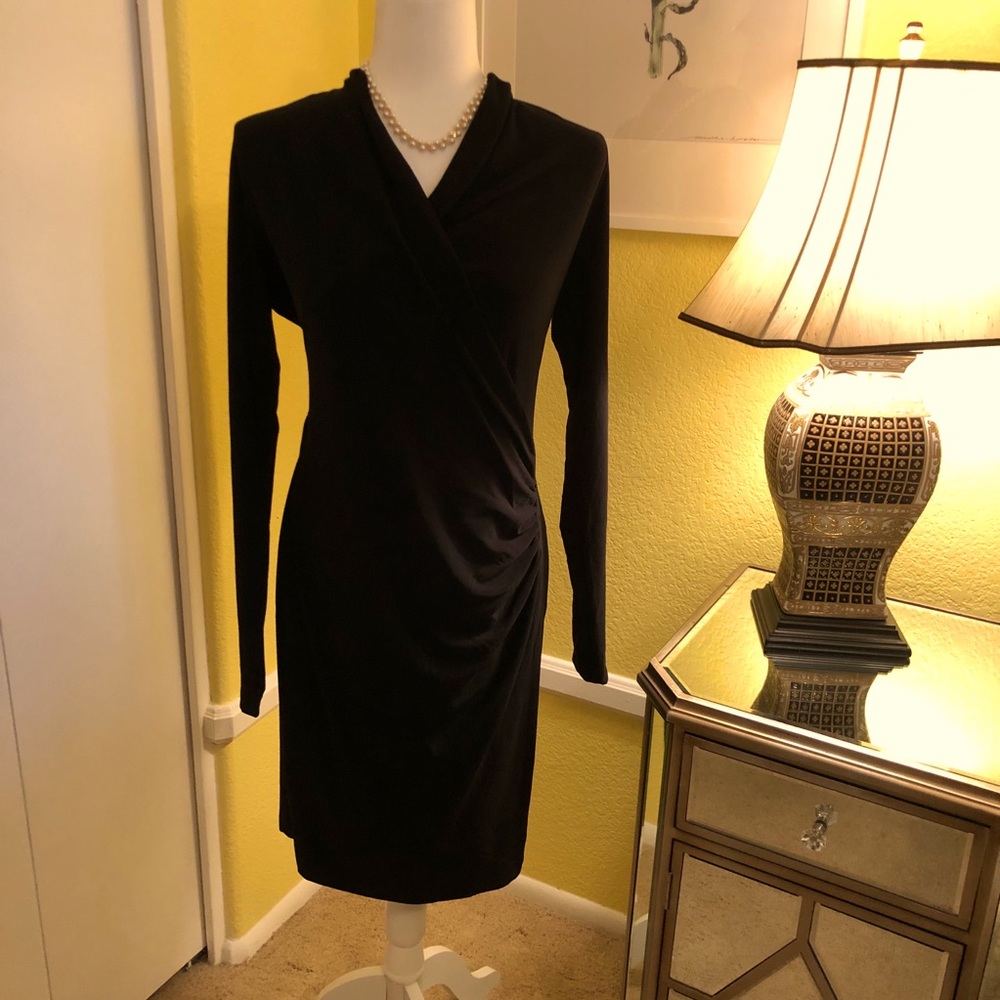 Norma Kamali black faux wrap ruched dress EUC sz L